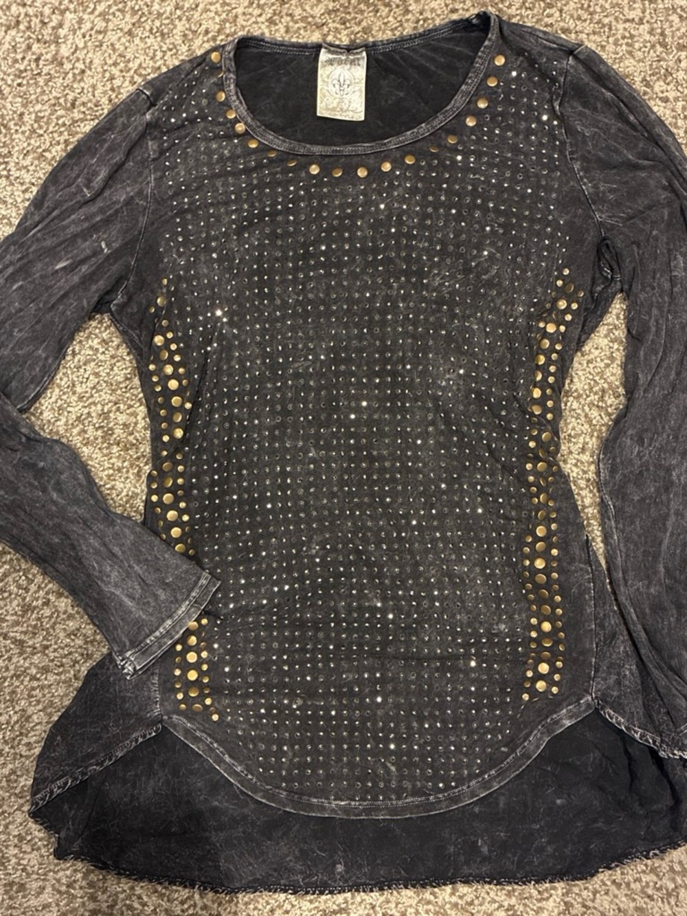 Vocal Black Washed Long-Sleeve Top with Gold Studs